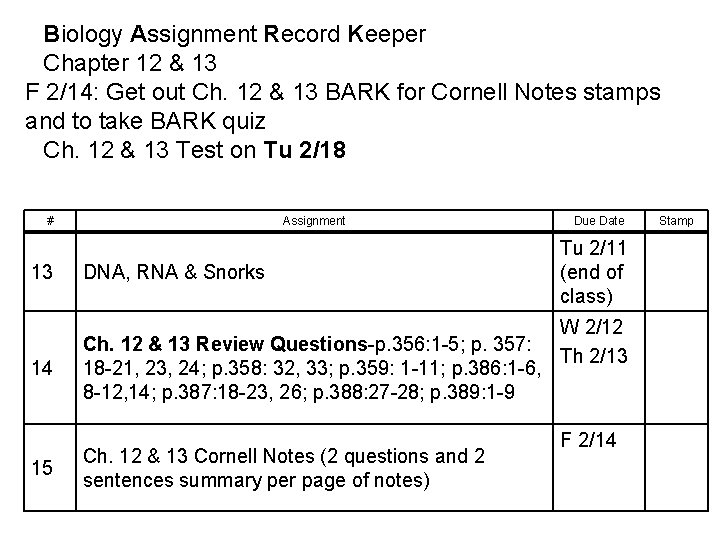 Biology Assignment Record Keeper Chapter 12 & 13 F 2/14: Get out Ch. 12