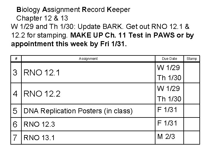 Biology Assignment Record Keeper Chapter 12 & 13 W 1/29 and Th 1/30: Update