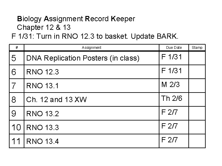 Biology Assignment Record Keeper Chapter 12 & 13 F 1/31: Turn in RNO 12.
