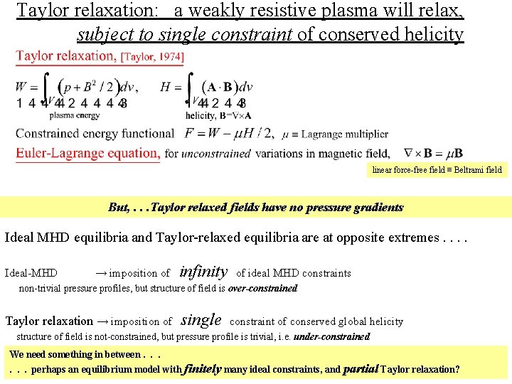 Taylor relaxation: a weakly resistive plasma will relax, subject to single constraint of conserved