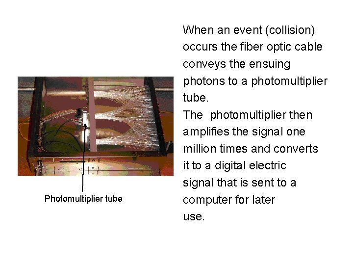 Photomultiplier tube When an event (collision) occurs the fiber optic cable conveys the ensuing