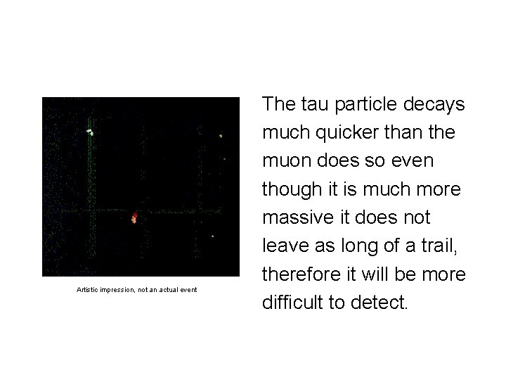Artistic impression, not an actual event The tau particle decays much quicker than the