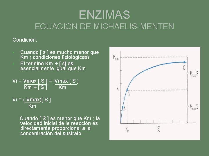 ENZIMAS ECUACION DE MICHAELIS-MENTEN Condición; • • Cuando [ s ] es mucho menor