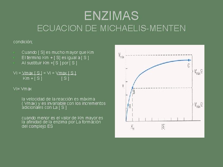 ENZIMAS ECUACION DE MICHAELIS-MENTEN condición; • • • Cuando [ S] es mucho mayor