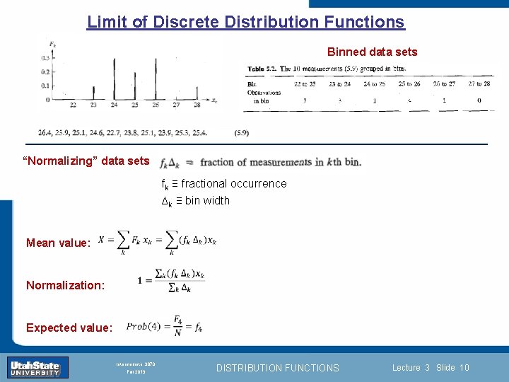 Limit of Discrete Distribution Functions Binned data sets “Normalizing” data sets fk ≡ fractional