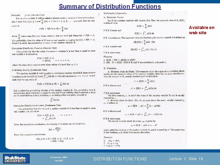 Summary of Distribution Functions Available on web site Introduction Section 0 Lecture 1 Slide