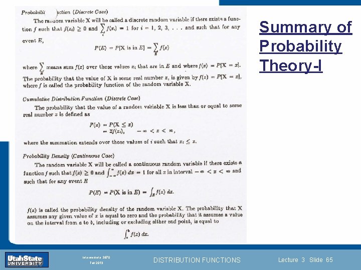 Summary of Probability Theory-I Introduction Section 0 Lecture 1 Slide 65 INTRODUCTION TO Modern
