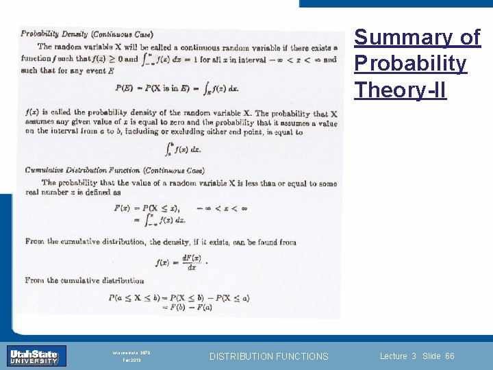 Summary of Probability Theory-II Introduction Section 0 Lecture 1 Slide 66 INTRODUCTION TO Modern