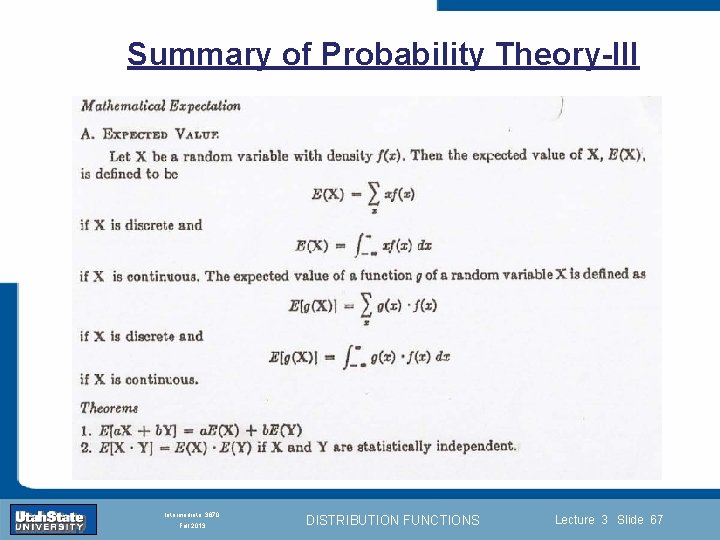 Summary of Probability Theory-III Introduction Section 0 Lecture 1 Slide 67 INTRODUCTION TO Modern
