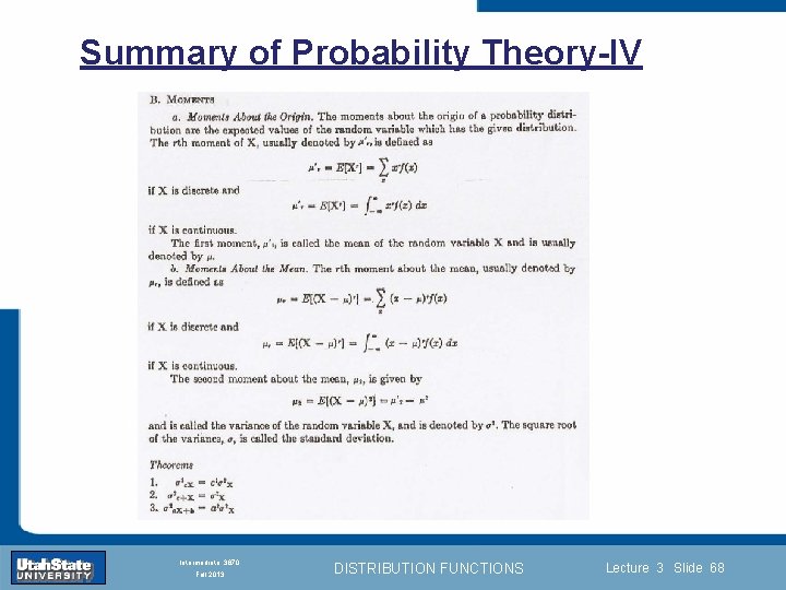 Summary of Probability Theory-IV Introduction Section 0 Lecture 1 Slide 68 INTRODUCTION TO Modern
