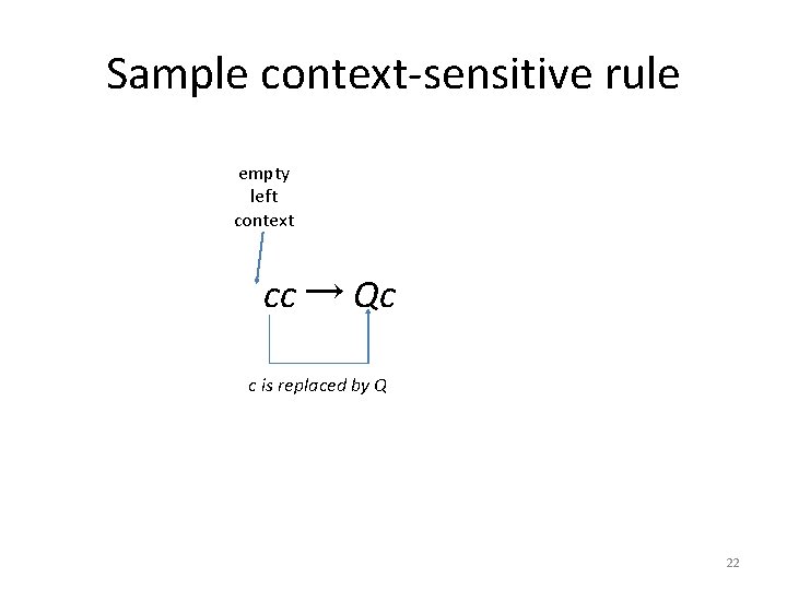 Sample context-sensitive rule empty left context cc → Qc c is replaced by Q