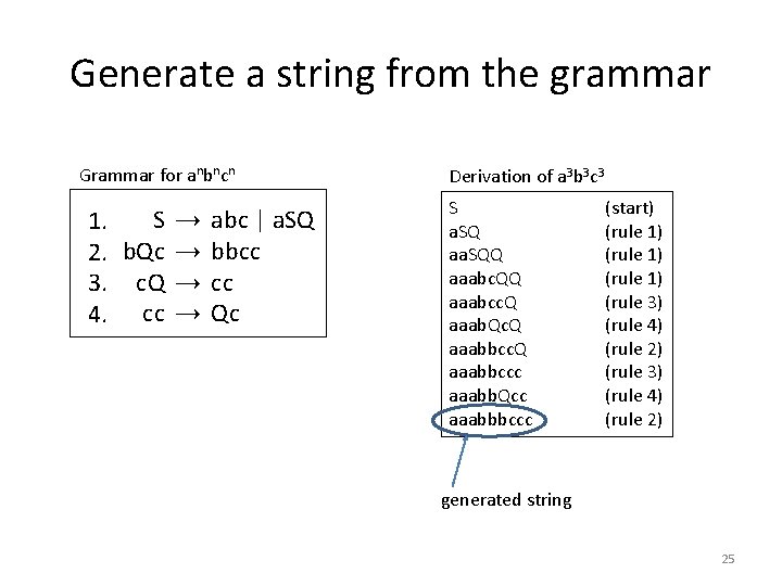 Generate a string from the grammar Grammar for anbncn S → abc | a.