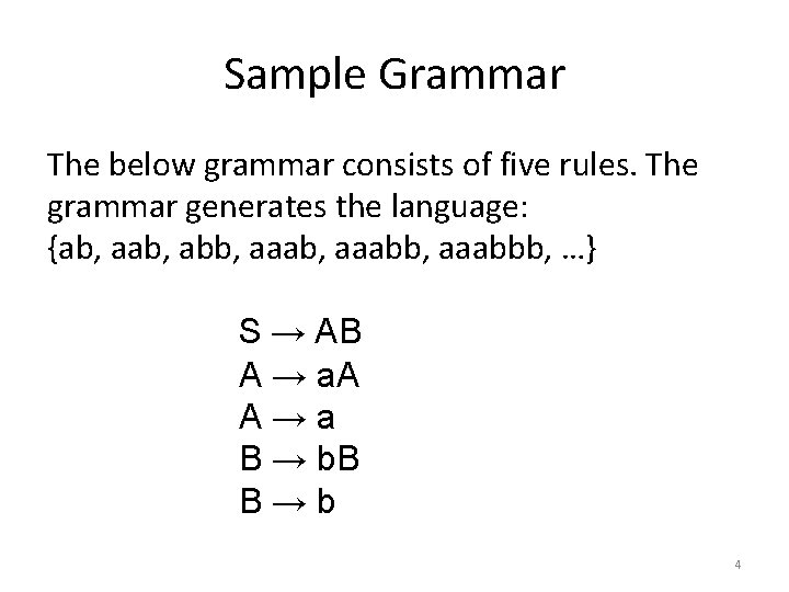 Sample Grammar The below grammar consists of five rules. The grammar generates the language: