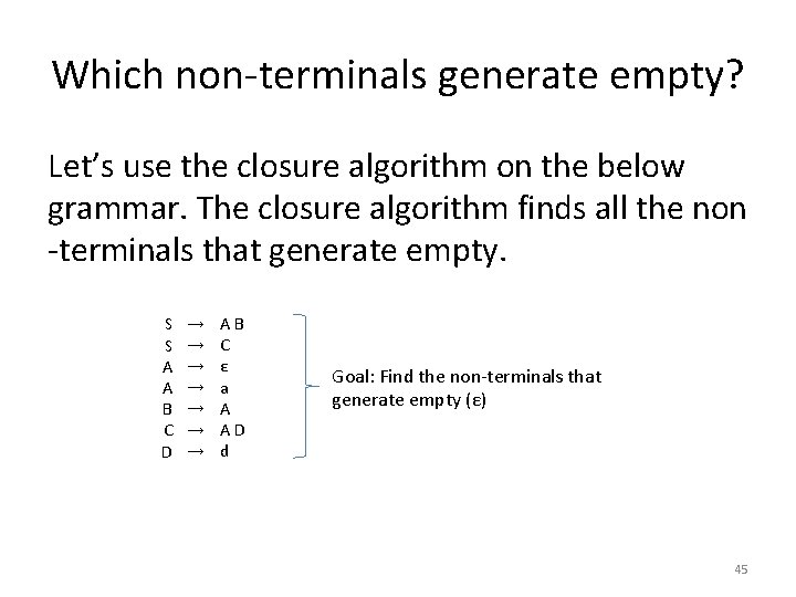 Which non-terminals generate empty? Let’s use the closure algorithm on the below grammar. The