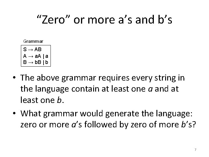 “Zero” or more a’s and b’s Grammar S → AB A → a. A