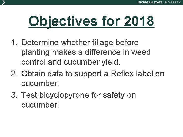 Objectives for 2018 1. Determine whether tillage before planting makes a difference in weed