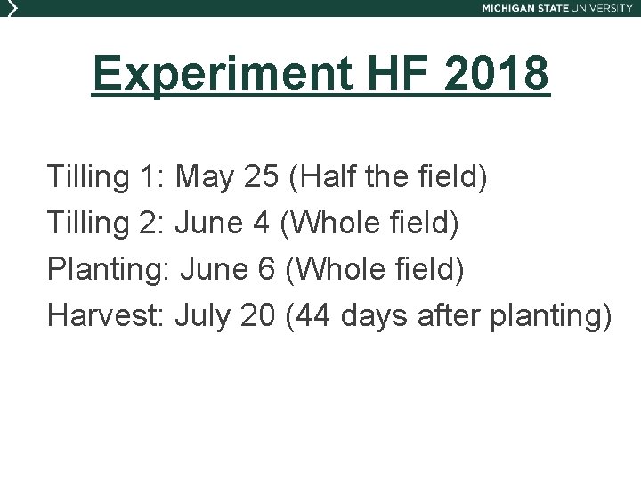 Experiment HF 2018 Tilling 1: May 25 (Half the field) Tilling 2: June 4