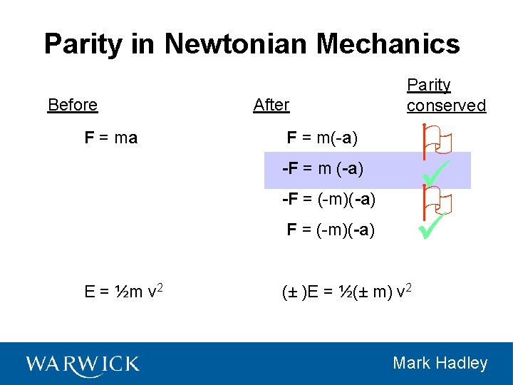 Parity in Newtonian Mechanics Before F = ma After Parity conserved F = m(-a)