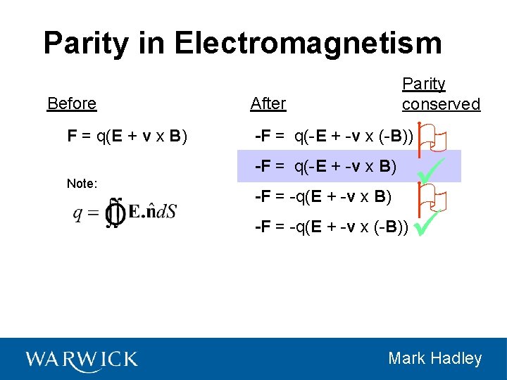 Parity in Electromagnetism Before F = q(E + v x B) Parity conserved After