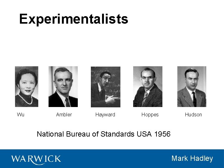 Experimentalists Wu Ambler Hayward Hoppes Hudson National Bureau of Standards USA 1956 Mark Hadley