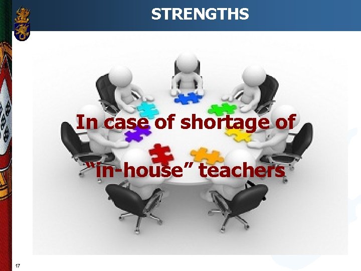 STRENGTHS In case of shortage of “in-house” teachers 17 