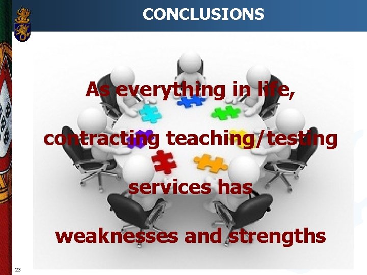 CONCLUSIONS As everything in life, contracting teaching/testing services has weaknesses and strengths 23 