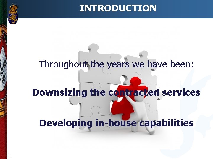 INTRODUCTION Throughout the years we have been: Downsizing the contracted services Developing in-house capabilities