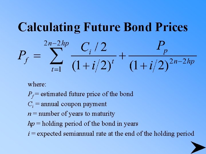Calculating Future Bond Prices where: Pf = estimated future price of the bond Ci