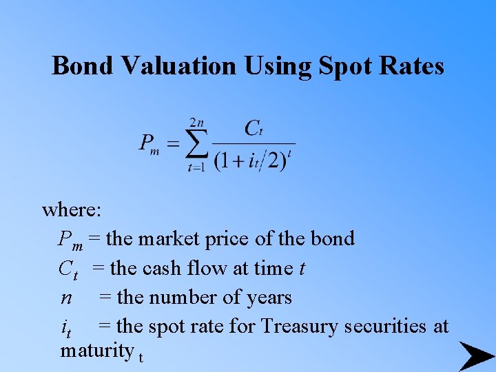 Bond Valuation Using Spot Rates where: Pm = the market price of the bond