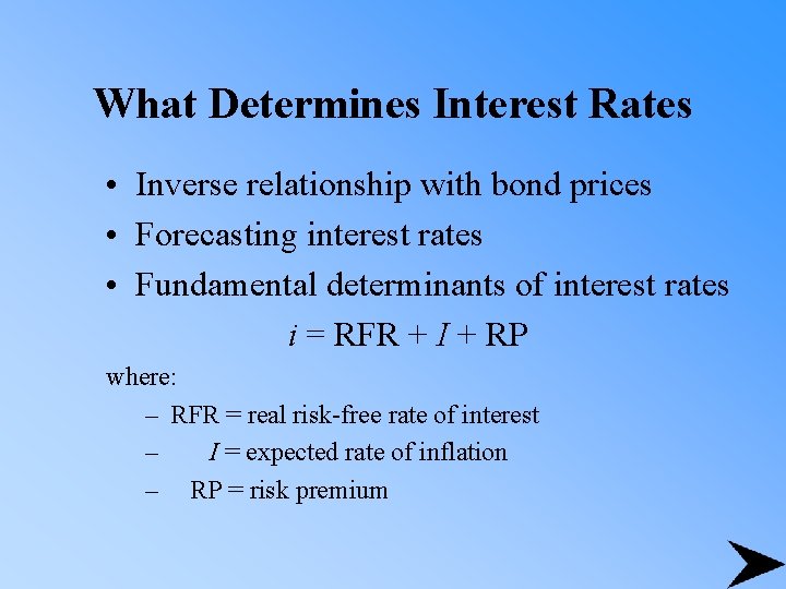 What Determines Interest Rates • Inverse relationship with bond prices • Forecasting interest rates