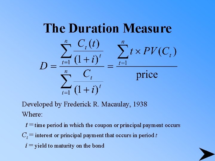 The Duration Measure Developed by Frederick R. Macaulay, 1938 Where: t = time period