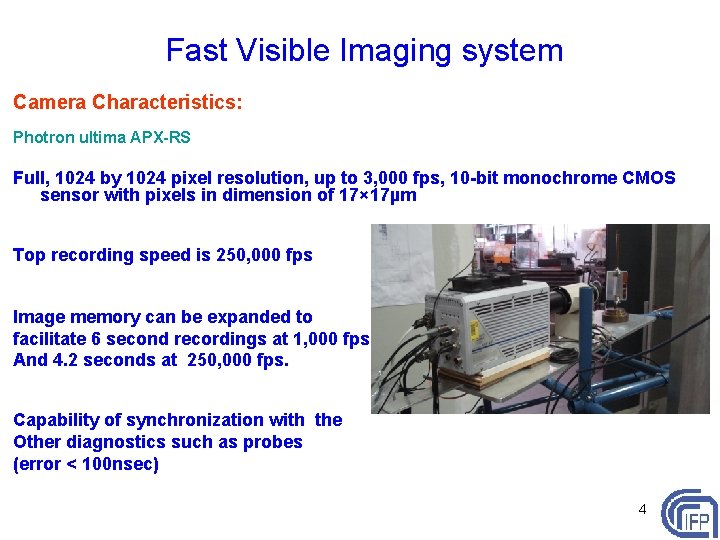  Fast Visible Imaging system Camera Characteristics: Photron ultima APX-RS Full, 1024 by 1024