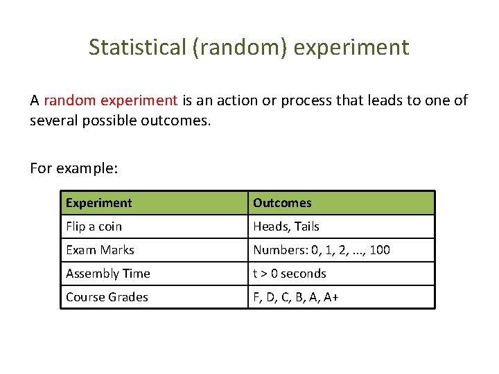 Statistical (random) experiment A random experiment is an action or process that leads to