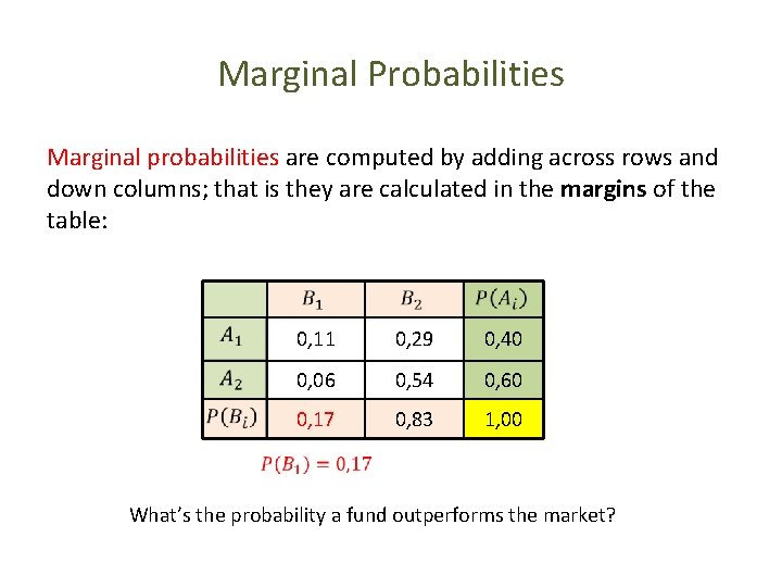 Marginal Probabilities Marginal probabilities are computed by adding across rows and down columns; that