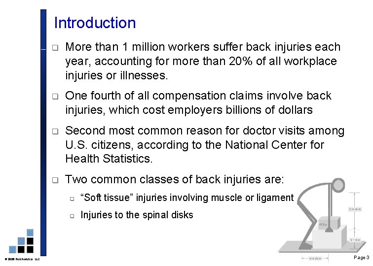 Introduction 2006 Risk. Analytics, LLC q More than 1 million workers suffer back injuries