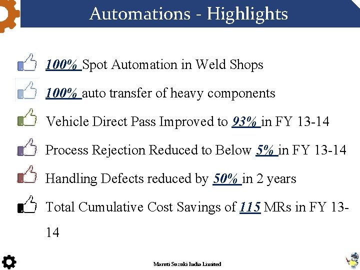 Automations - Highlights 100% Spot Automation in Weld Shops 100% auto transfer of heavy