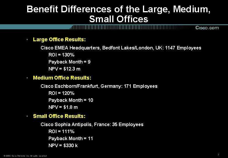 Benefit Differences of the Large, Medium, Small Offices • Large Office Results: Cisco EMEA