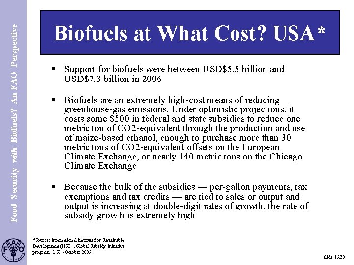 Food Security with Biofuels? An FAO Perspective S. 16 Biofuels at What Cost? USA*