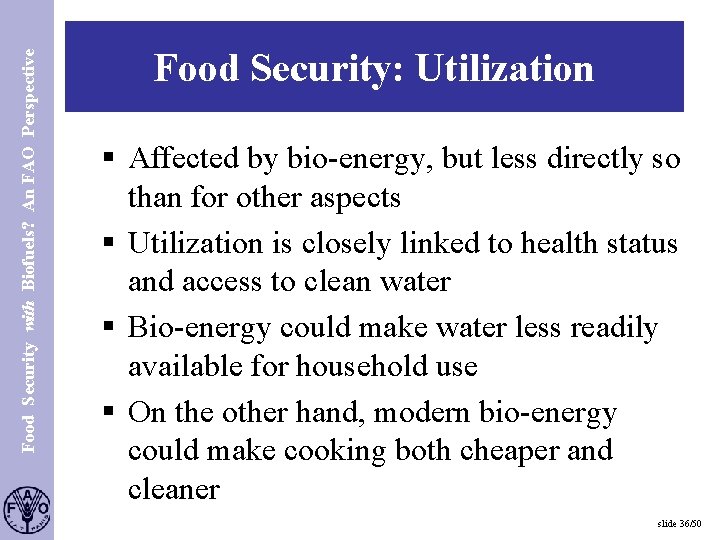 Food Security with Biofuels? An FAO Perspective S. 36 Food Security: Utilization § Affected