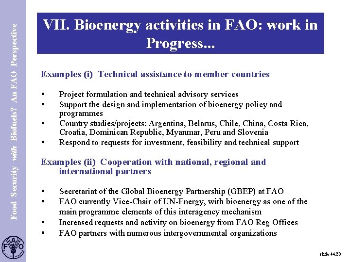 Food Security with Biofuels? An FAO Perspective S. 44 VII. Bioenergy activities in FAO: