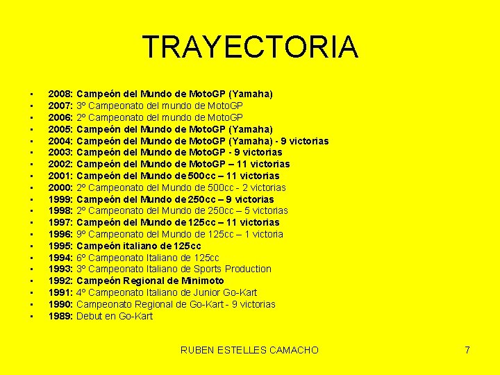 TRAYECTORIA • • • • • 2008: Campeón del Mundo de Moto. GP (Yamaha)