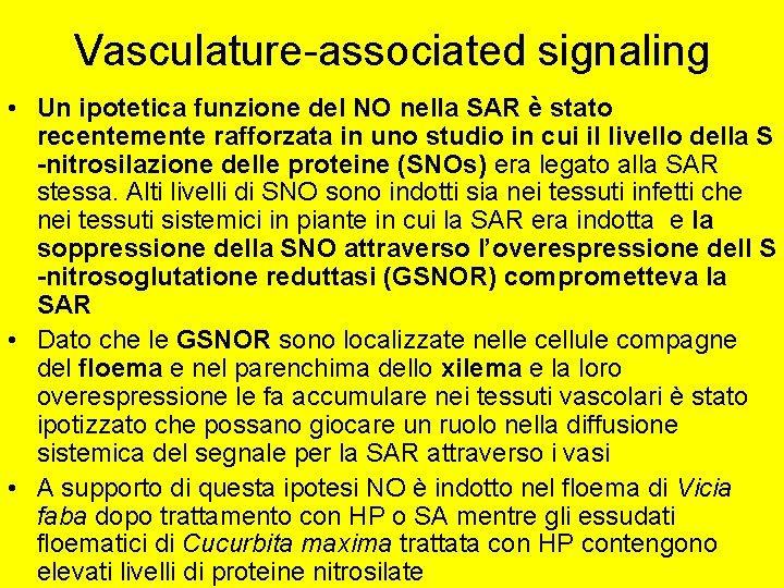 Vasculature-associated signaling • Un ipotetica funzione del NO nella SAR è stato recentemente rafforzata