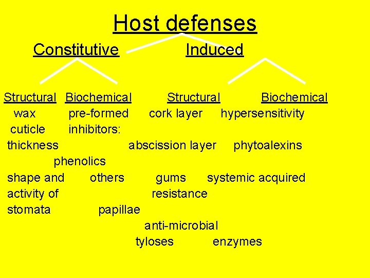 Host defenses Constitutive Induced Structural Biochemical wax pre-formed cork layer hypersensitivity cuticle inhibitors: thickness