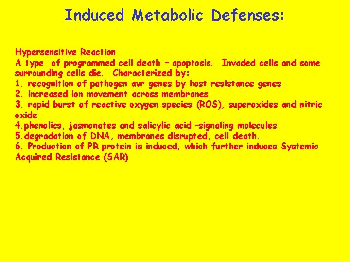 Induced Metabolic Defenses: Hypersensitive Reaction A type of programmed cell death – apoptosis. Invaded