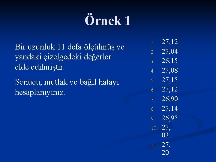 Örnek 1 Bir uzunluk 11 defa ölçülmüş ve yandaki çizelgedeki değerler elde edilmiştir. 1.