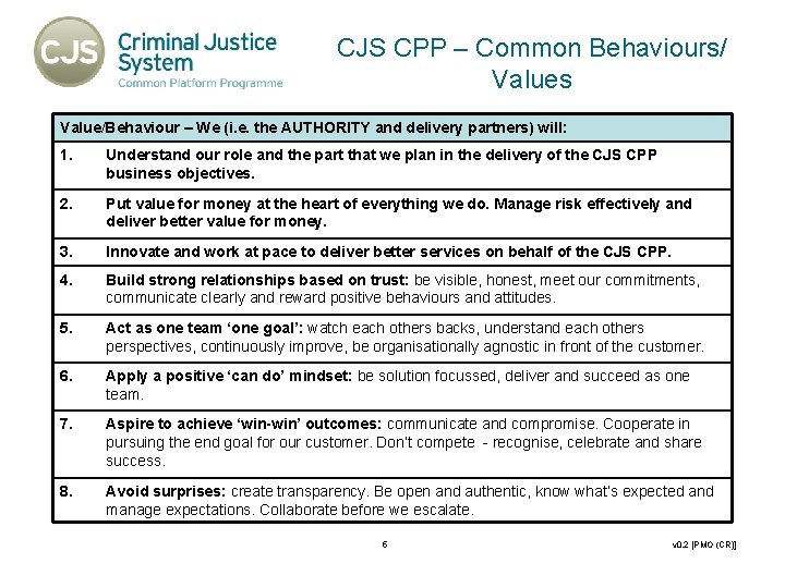 CJS CPP – Common Behaviours/ Values Value/Behaviour – We (i. e. the AUTHORITY and