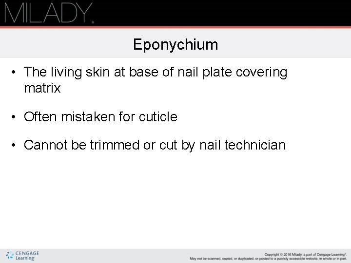 Eponychium • The living skin at base of nail plate covering matrix • Often Eponychium • The living skin at base of nail plate covering matrix • Often