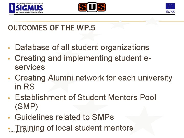 OUTCOMES OF THE WP. 5 • • • Database of all student organizations Creating