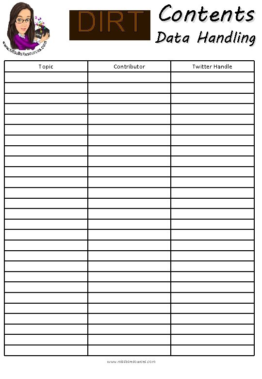 DIRT Topic Contents Data Handling Contributor www. missbsresources. com Twitter Handle 