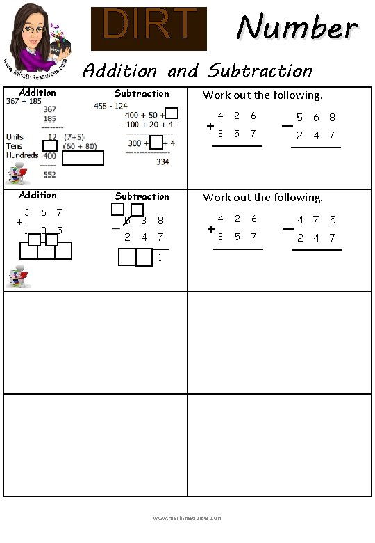 Number DIRT Addition and Subtraction Addition Subtraction Work out the following. 4 +3 Addition